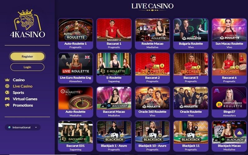 Live casino games at 4Kasino Canada