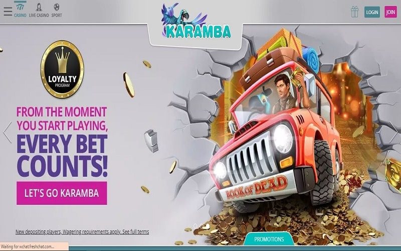 Homepage of Karamba Casino Canada