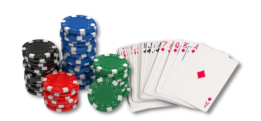 Poker chips and cards on white