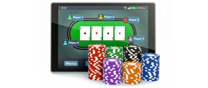 Poker chips and card on a table online