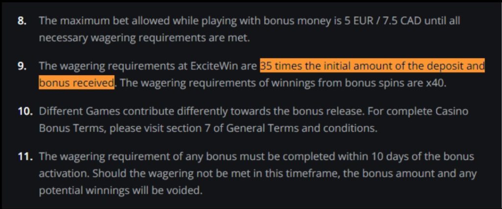 Sample wagering requirements details