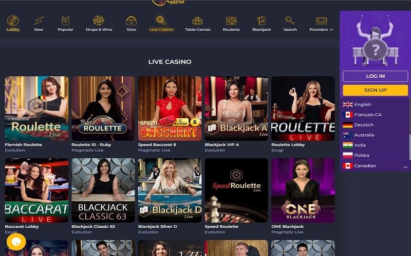Live casino games at Rolling Slots