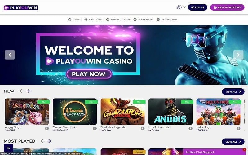 PlaYouWin Casino homepage view
