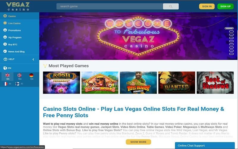 Vegaz casino website homepage view Canada