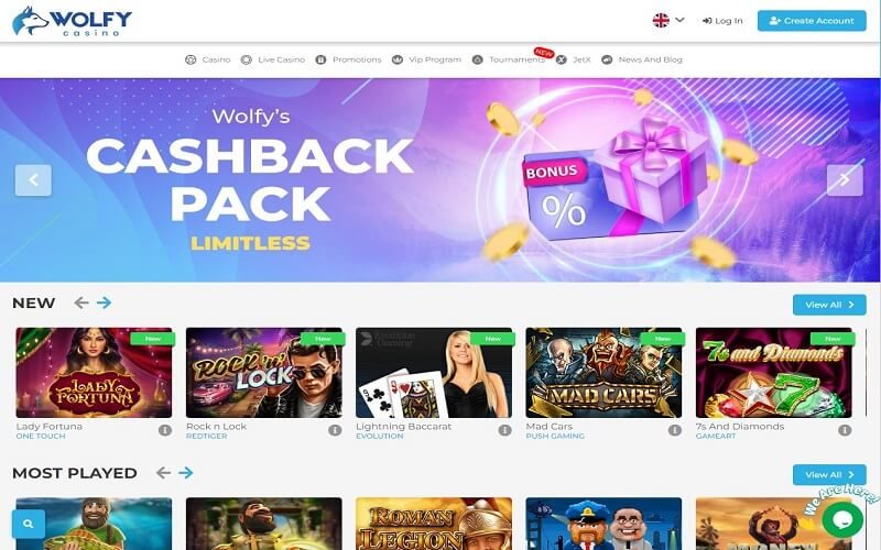Wolfy online casino homepage view