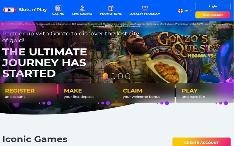 Slots n play online casino homepage view