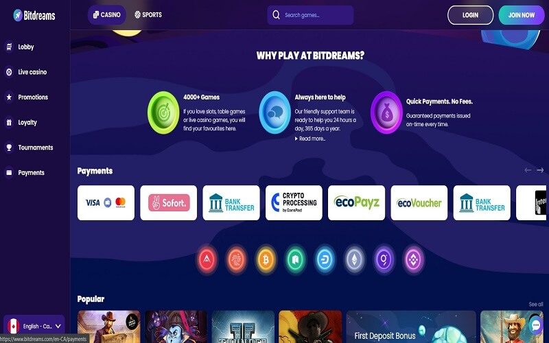 Bitdreams online casino homepage