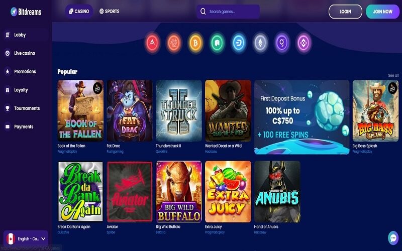 Popular games at Bitdreams casino