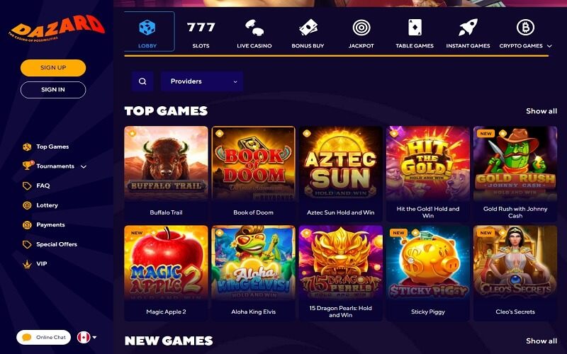 Dazard casino game lobby