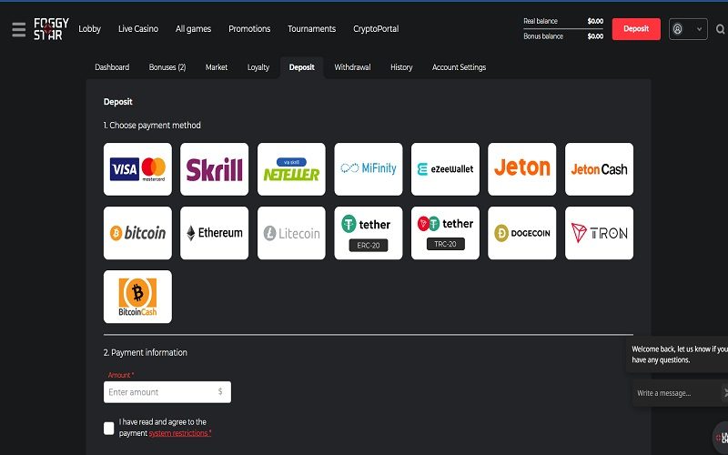 Deposit and withdrawal options at Foggy Star