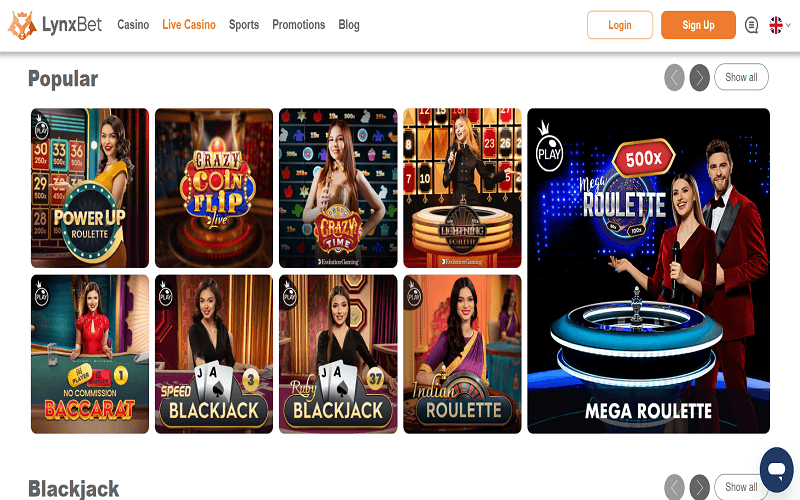 Popular live casino games to play at LynxBet casino CA