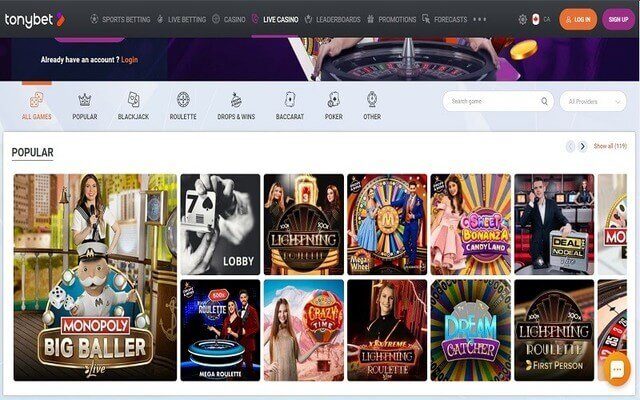 popular live casino games at tonybet casino