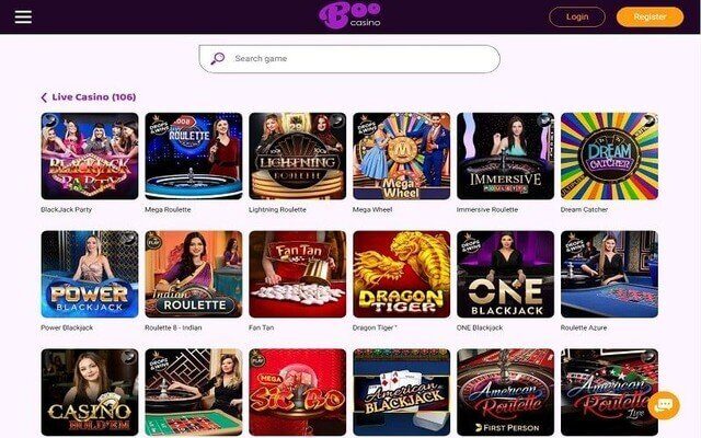 Boo Casino live casino games Canada