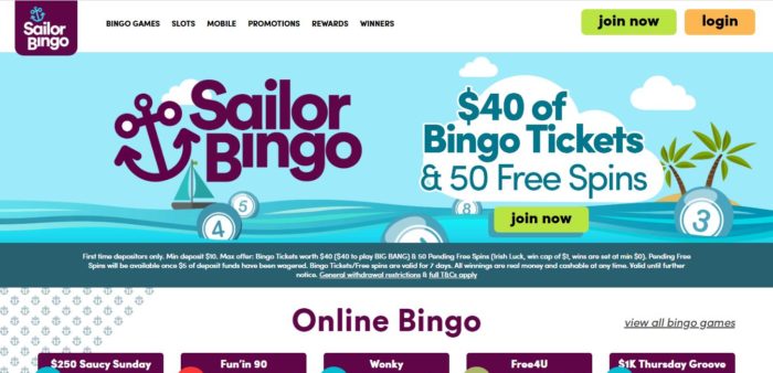 Sailor bingo homepage Canada