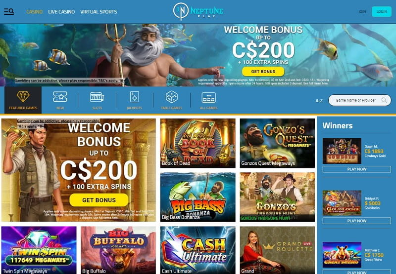 Neptune Play casino online homepage view Canada