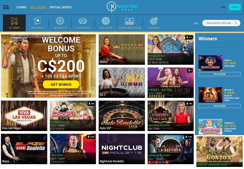 Neptune Play casino online homepage view Canada