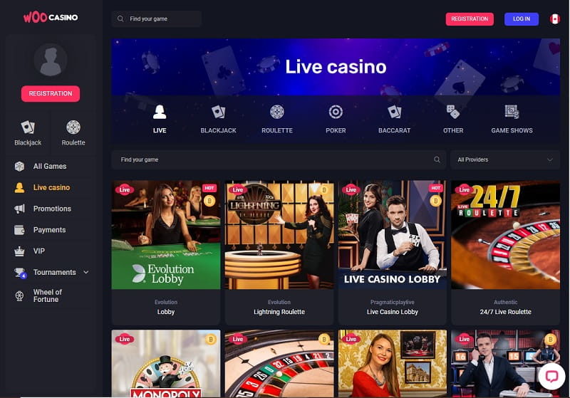 Woo Casino online homepage view Canada review