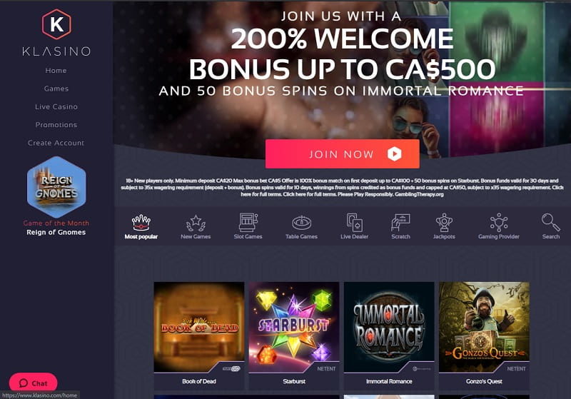Klasino online casino homepage Canada