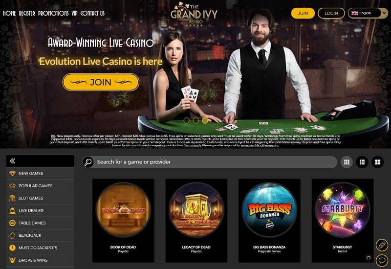 The Grand Ivy Casino Homepage view Canada