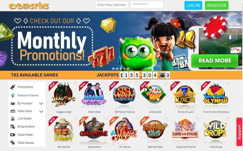 Cyberspins Casino festured slots and monthly promotions CA