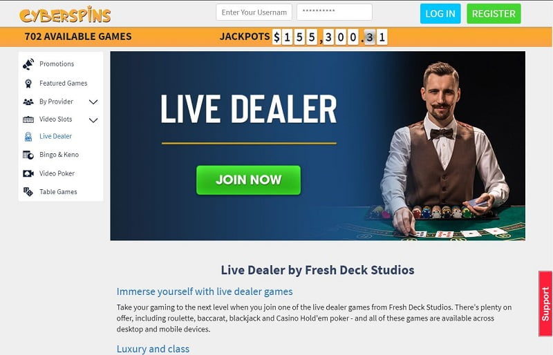 Cyberspins Casino live dealer games CA