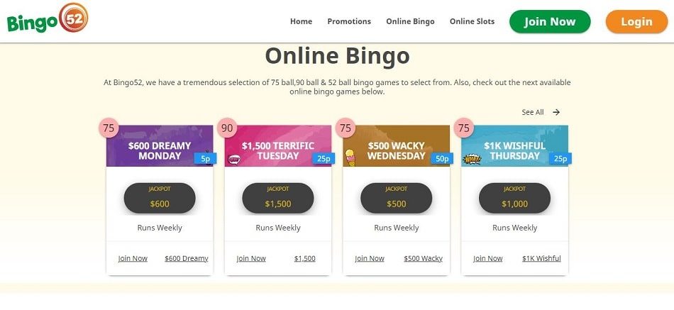 Bingo52 online bingo games and promotions Canada