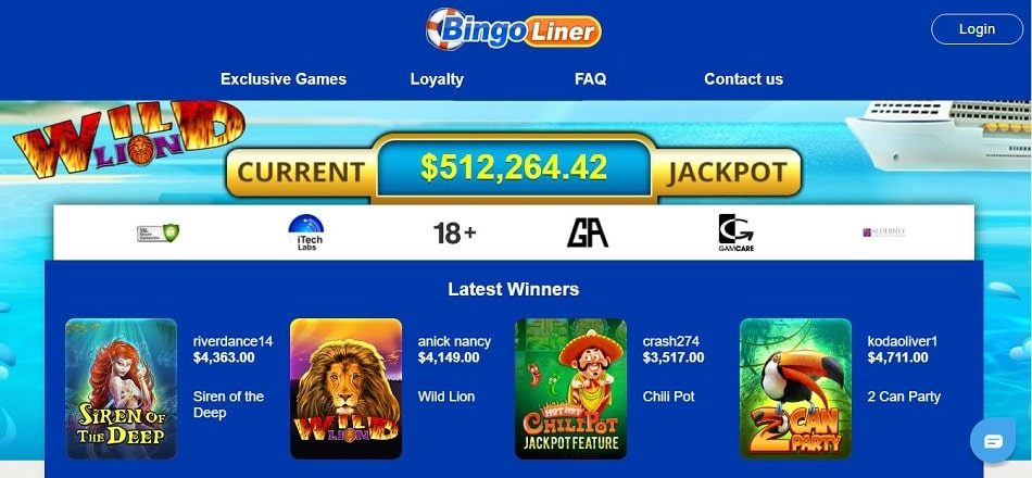 Bingo Liner homepage view and jackpots Canada