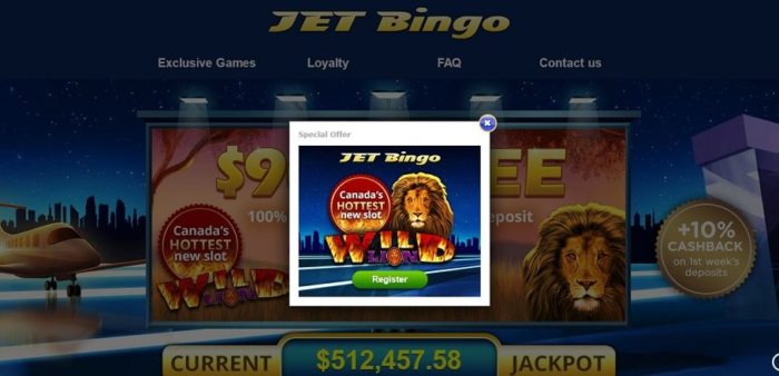 Jet Bingo homepage and exclusive games Canada