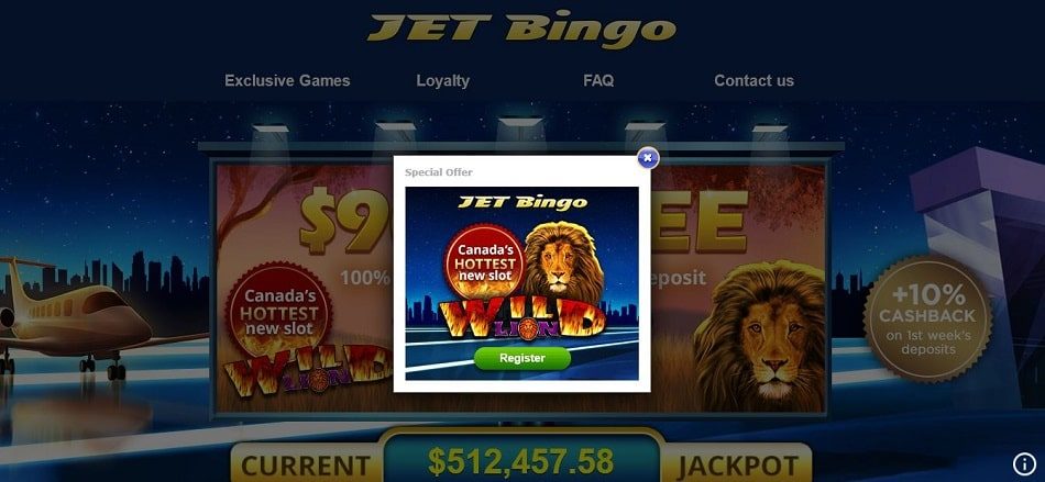 Jet Bingo homepage and exclusive games Canada