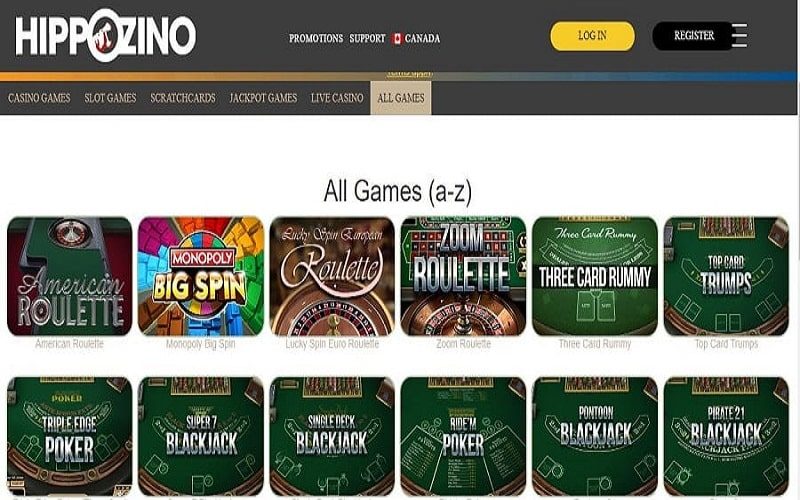Hippozino Casino all games available Canada