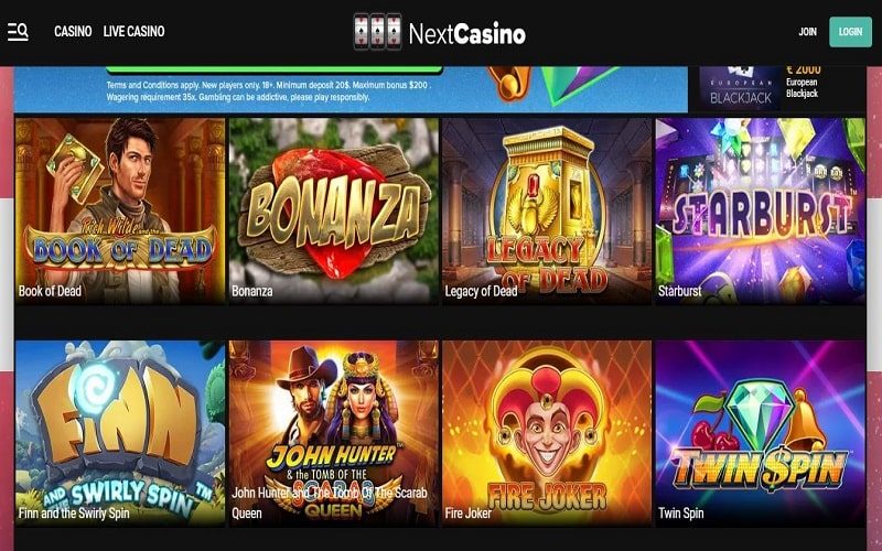 Popular games at Next Casino Canada