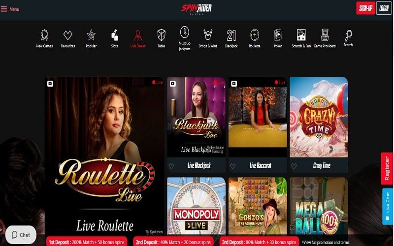 Play Live Dealer games at Spin Rider Casino Canada