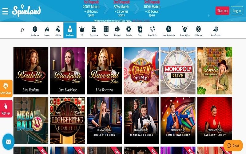 Play Live dealer games at Spinland Casino Canada