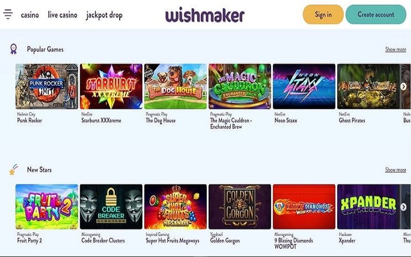 Wishmaker Casino online homepage view of popular games- Canada
