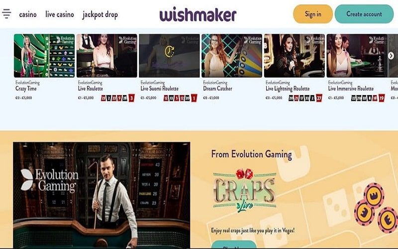 Live casino games at Wishmaker Casino Canada