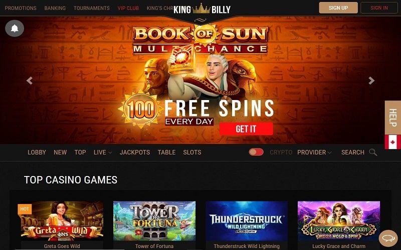King Billy Casino homepage showing top casino games in Canada