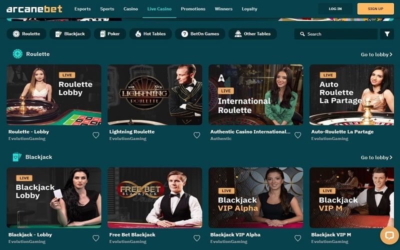 Arcanebet live casino games Canada